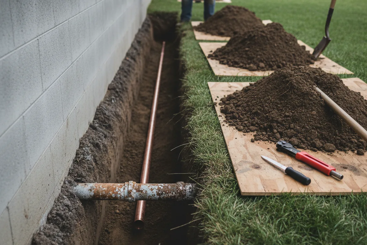 Excavated water line trench during Water Softener Installation in Mart